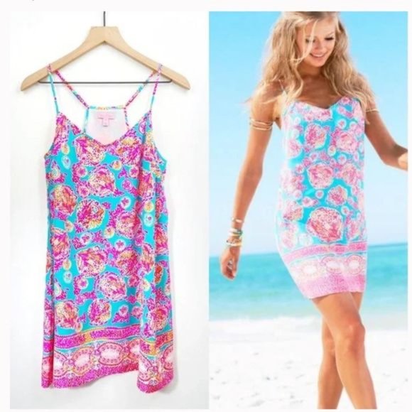 Lilly Pulitzer Dresses & Skirts - VEUC Sz M Lilly Pulitzer Sea Silk Dusk dress - Hot Pink, Turquoise, Coral, White